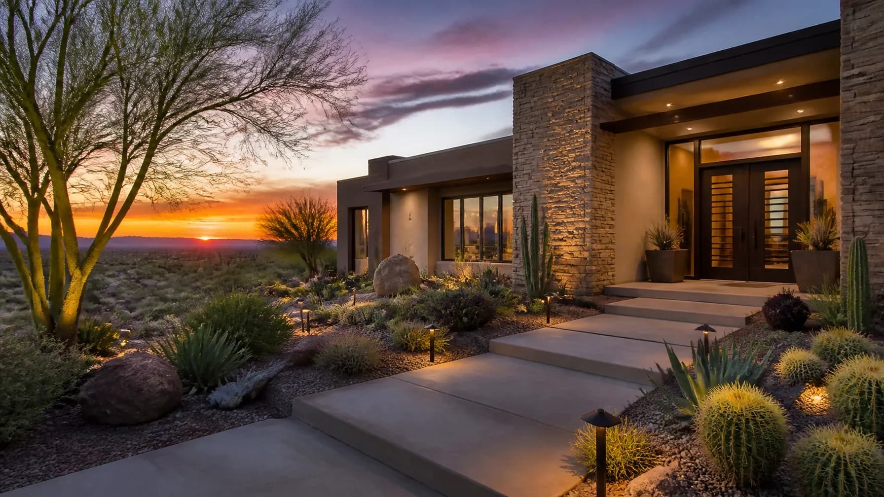 A modern Arizona desert home glowing at sunset